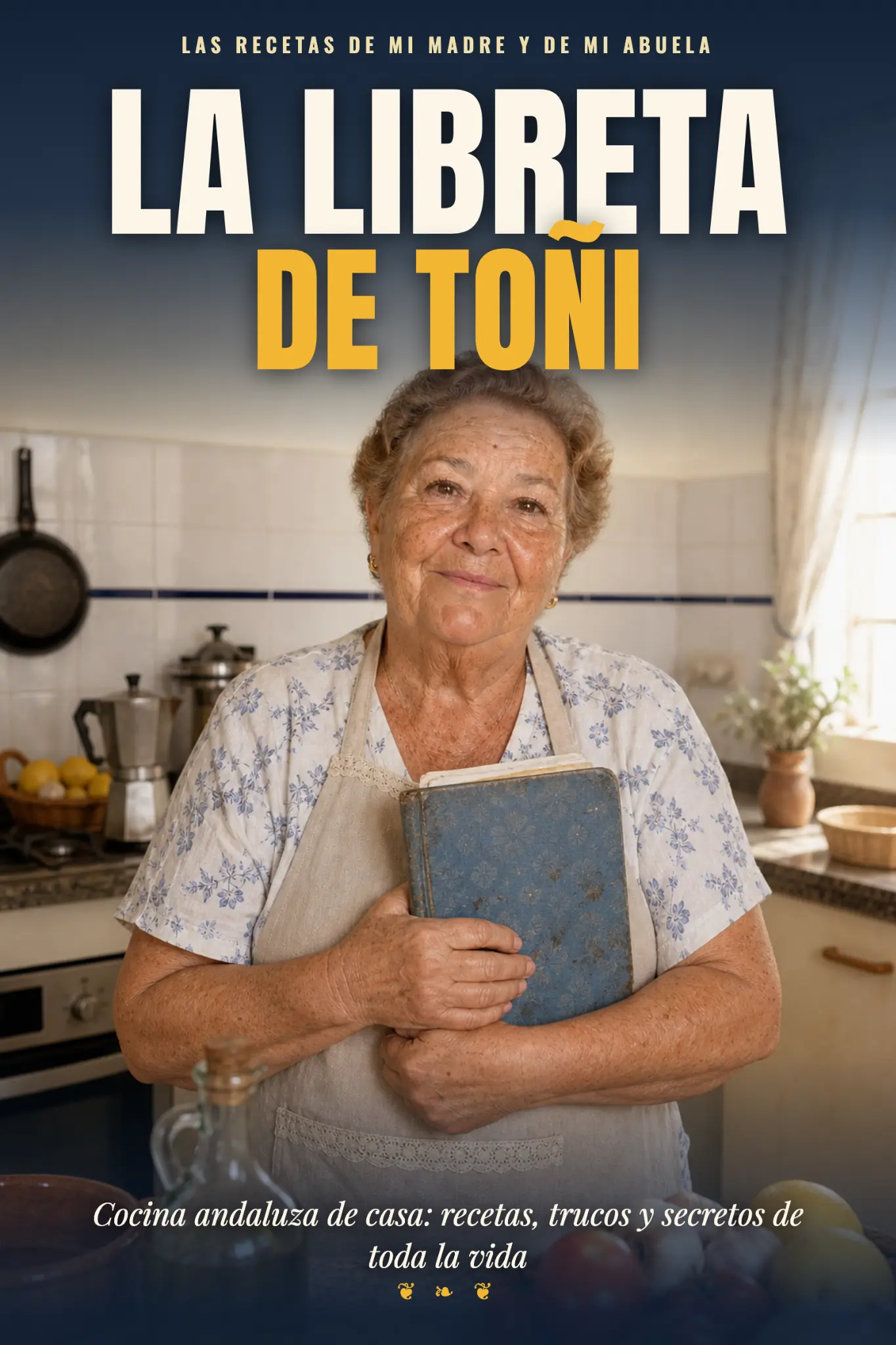 Toñi en su cocina de Cártama sujetando la libreta de hule azul